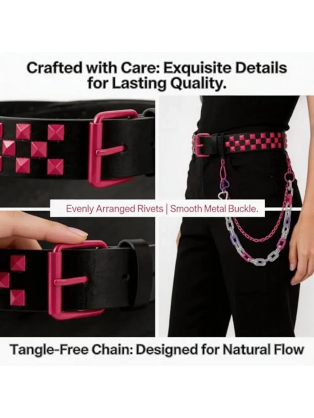 Studded Belt with Detachable Chain - Y2K Punk Goth Grunge Pyramid Belt for